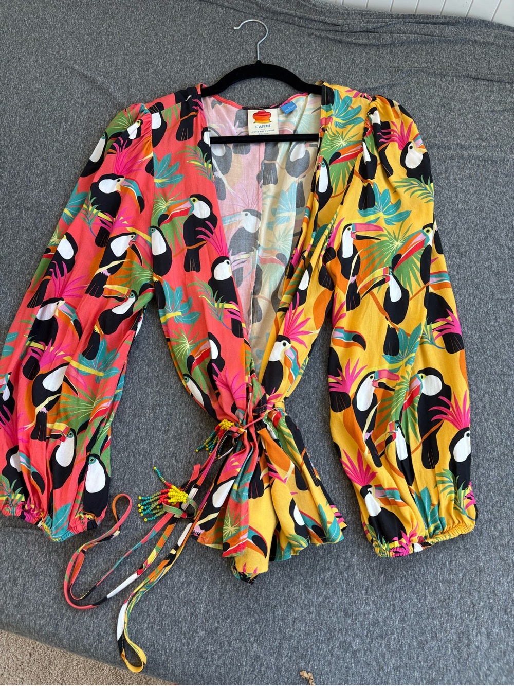 Farm Rio for Anthropologie Colorblocked Wrap Blouse - Toucan Print